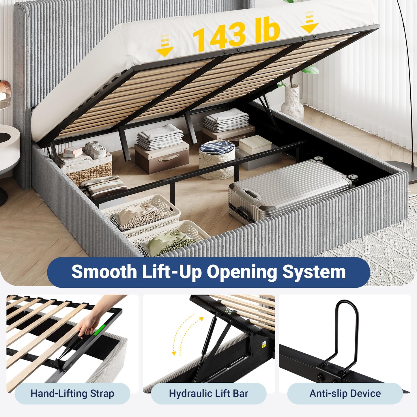 Allewie King Lift-Up Storage Bed Frame with Modern Wingback Headboard, Corduroy Upholstered Platform Bed, Hydraulic Gas Lift Support, Underbed Storage, Wooden Slats, No Box Spring Needed, Grey