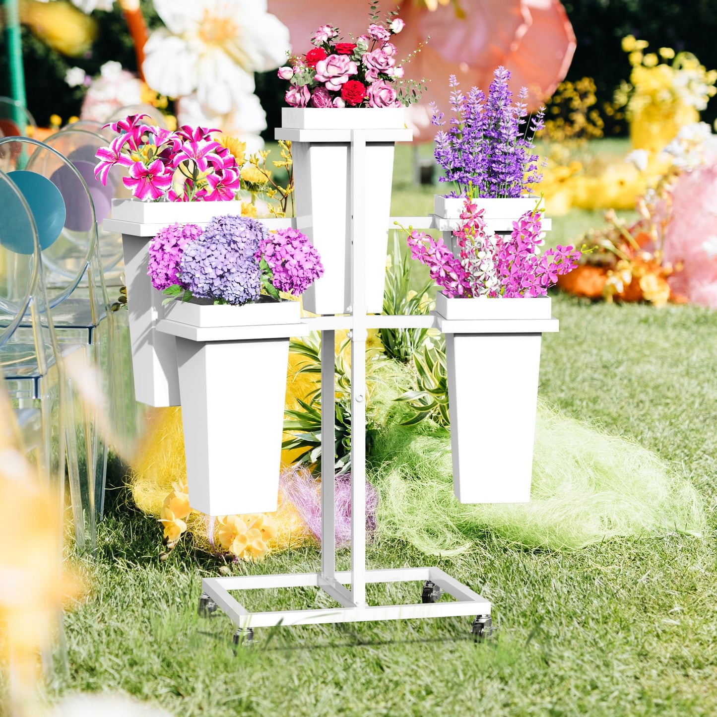VGMiu Flower Display Stand with Buckets Wedding Flower Cart with Wheels, White Flower Pot Stand, Moving Florist Bouquet Shelf for Weddings Party Bridal Shower Event Patio Garden Living Room Decor