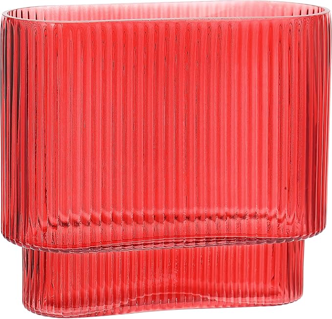 Ribbed Vase, Red Glass Vase for Flowers, Red Flower Vases for Tulips, Modern Vases for Living Room, Dining Table, Office, Bedroom, Mantle, Shelf, Wedding, 7 Inch