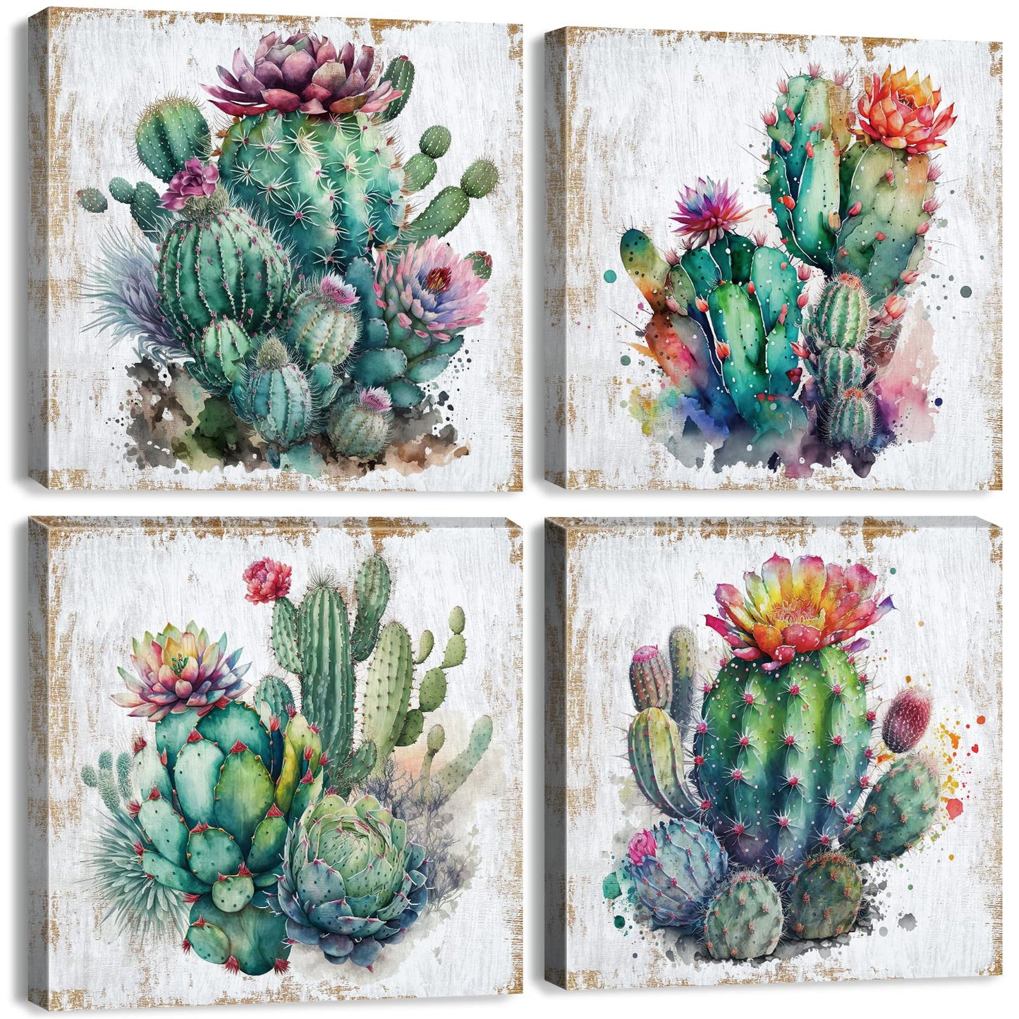 Cactus Decor for Bathroom Succulent Cactus Wall Art Western Wall Decor Southwestern Botanical Plants Canvas Prints Mexican Boho Tropical Flowers Artwork Living room Office Home Decorations 12x12" 4Pcs