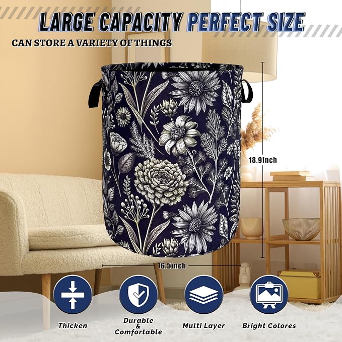 Vintage Floral Flowers Laundry Hamper Foldable Oxford Cloth Cute Laundry Basket With Handle Portable Clothes Storage Organizer Basket 18.9"x16.5" Storage Bag For Laundry Room/Bathroom/Bedroom