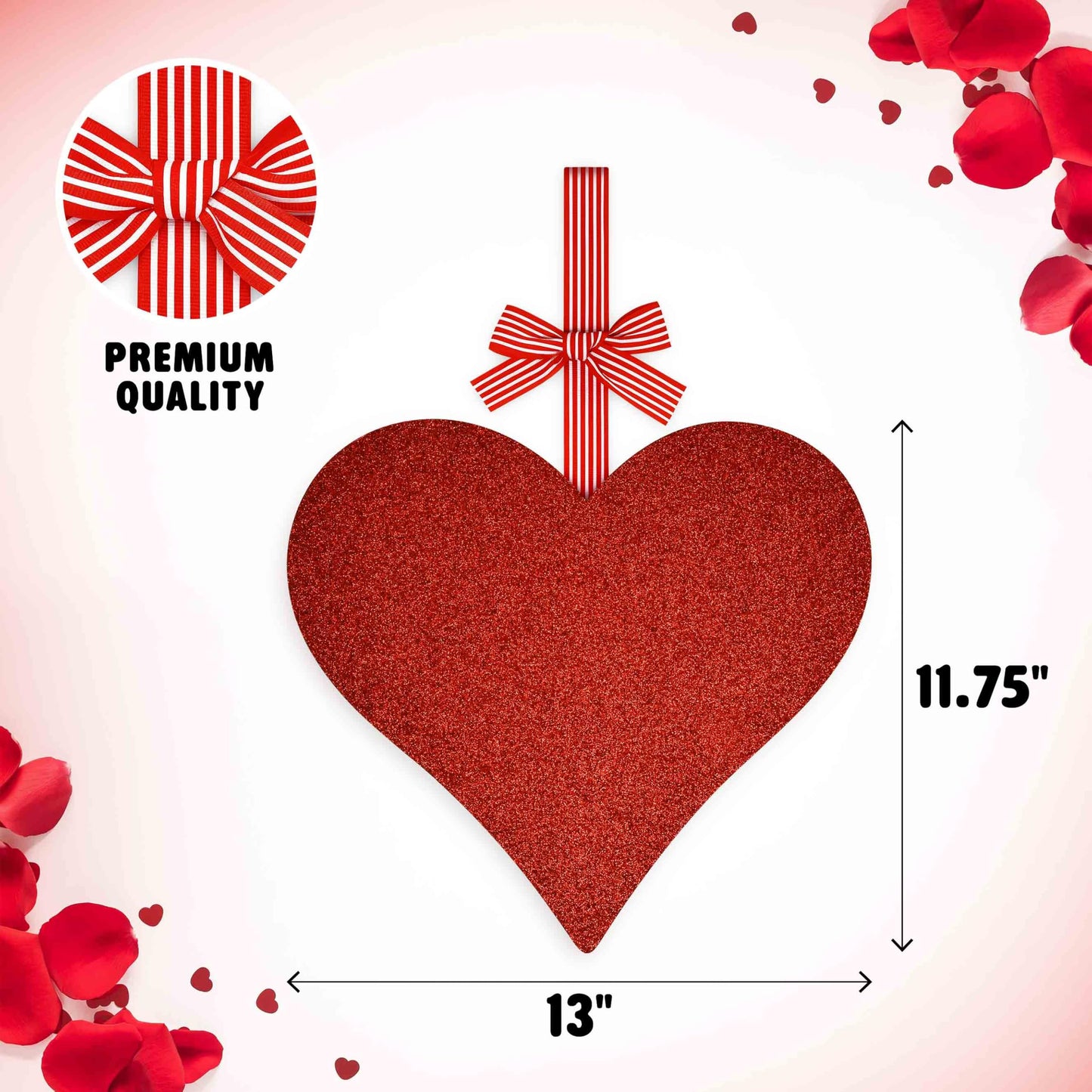 Gift Boutique Valentines Day Decoration Red Glitter Heart Shaped Wooden Hanging Sign Bow Front Door Wall Wreath Home Outdoor Love Plaque Hanger Decor