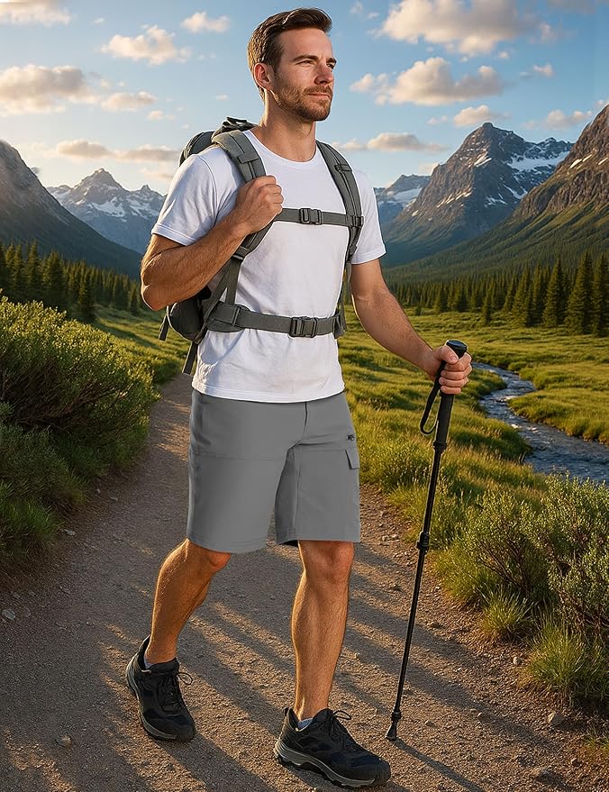 CRYSULLY Men's Hiking Cargo Shorts Outdoor Summer Lightweight Quick Dry Work Casual Shorts with 5 Zipper Pockets