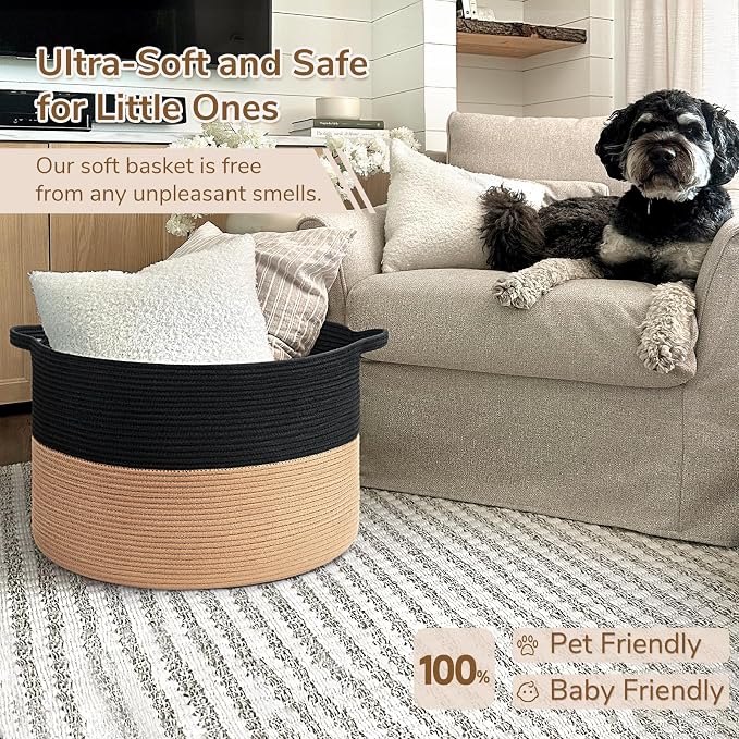 INDRESSME XXXLarge Cotton Rope Basket Woven Baby Laundry Basket Blanket Baskets Toy Baskets with Handle Comforter Cushions Storage Bin Thread Laundry Hamper - 21.7" x 21.7" x 13.8"