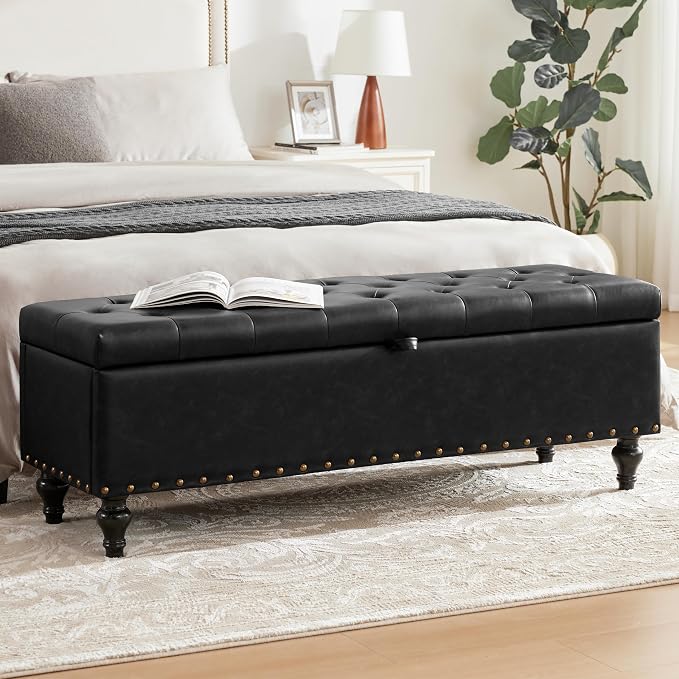 Mangodan 50" Storage Ottoman Bench, Tufted Ottoman with Storage for Living Room, Large End of Bed Ottomans, Modern Entryway Benchs, Window & Bedroom Benches for Foot of Bed (Black)