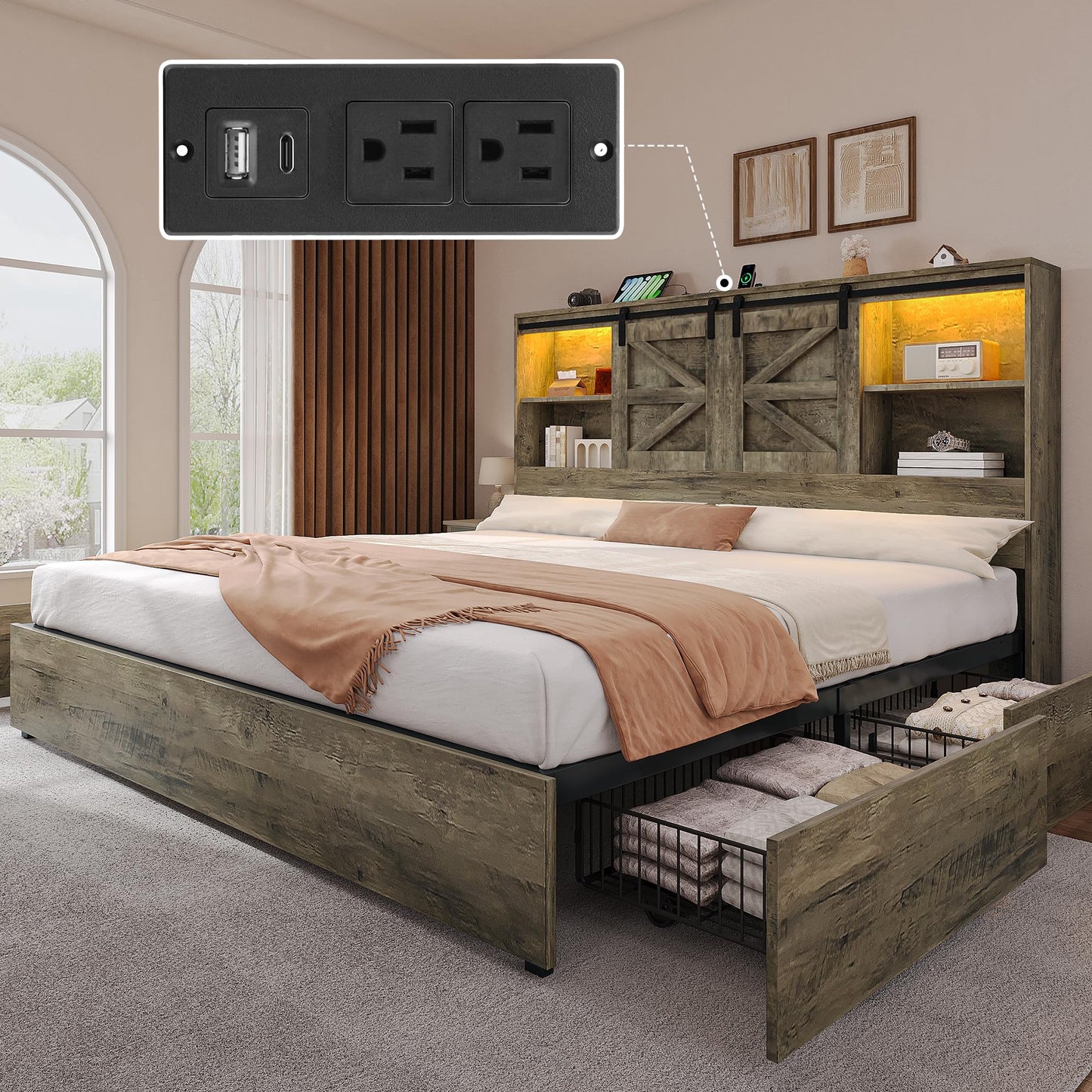DWVO Farmhouse King Size Bed Frame with Storage Bookcase Headboard, Sliding Barn Door, 4 Storage Drawers, RGB LED Bed Frame with USB Charging Station, No Box Spring Needed, Cement Grey