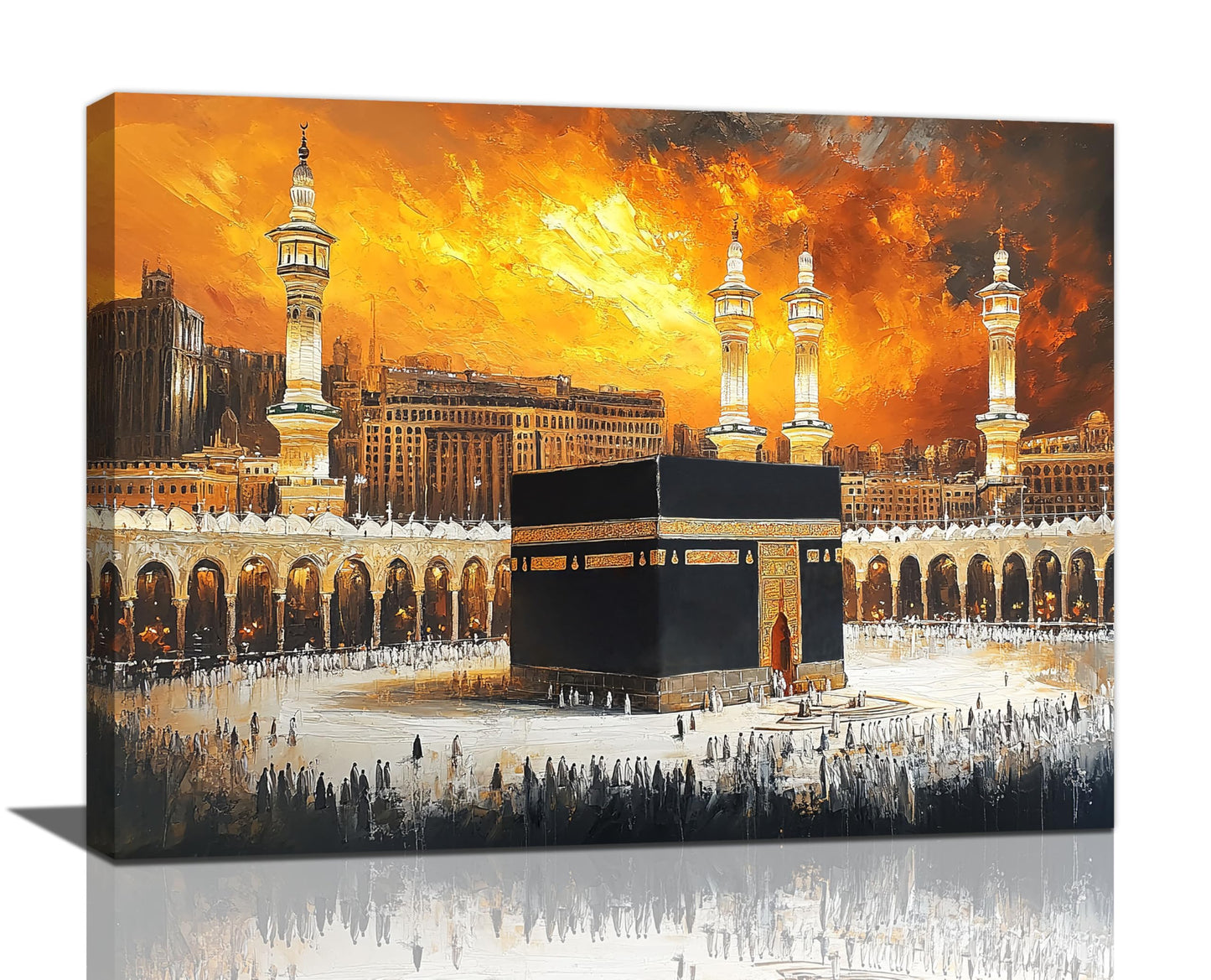 Islam Religious Wall Art Islamic Mosque Kaaba Pictures Wall Decor Black Gold Mecca Muslim Canvas Prints Painting Framed Artwork Decoration for Faith Bedroom Dining Room Living Room Office 16"x12"