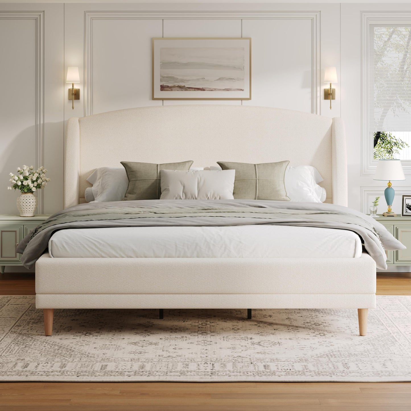 King Size Upholstered Platform Bed Frame with Boucle Fabric Wingback Headboard Solid Wood Legs No Box Spring Modern Bed Frame, White