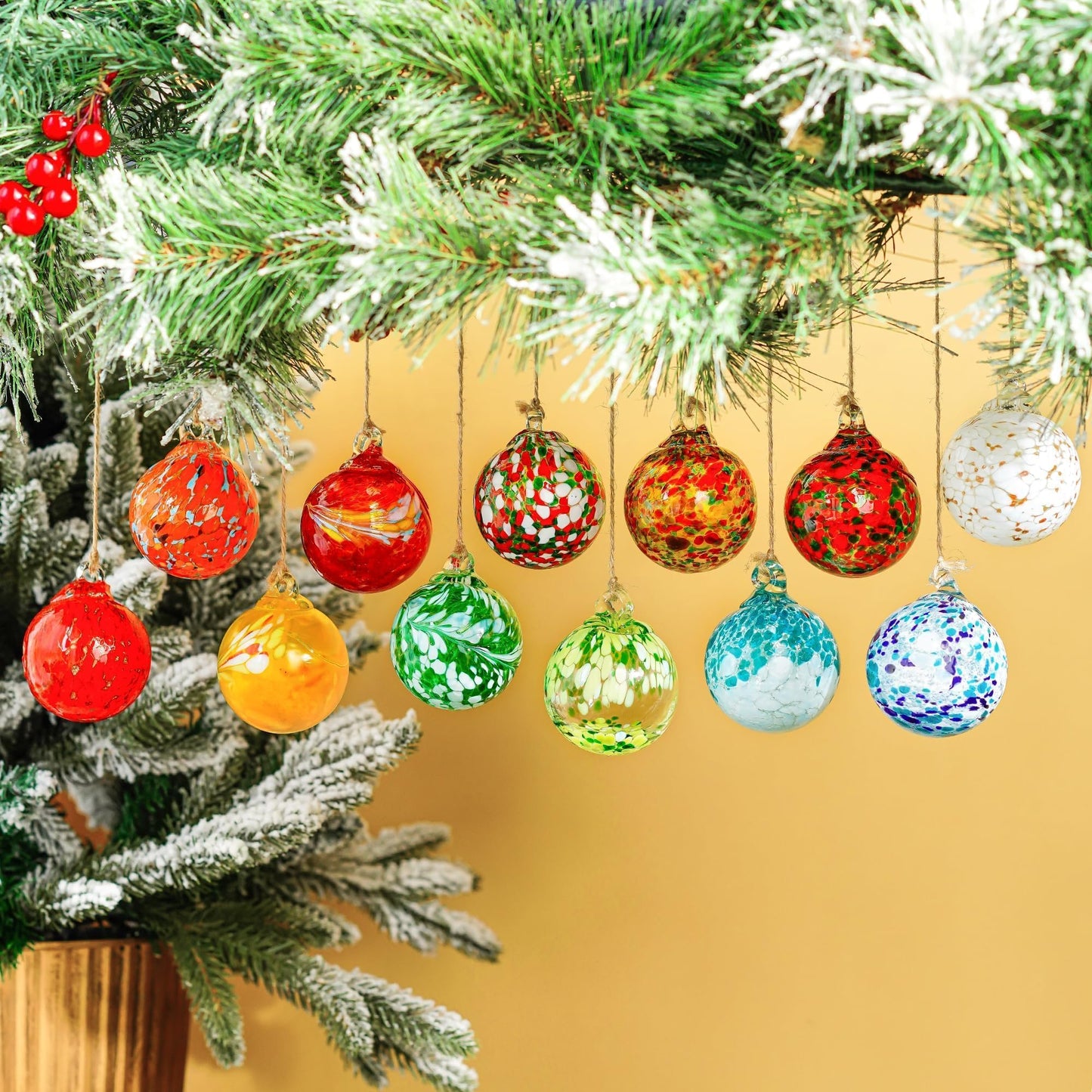 Set of 12 Hand Blown Glass Ball Ornaments Decorative Hanging Ornaments Glass Gazing Balls Witches Balls Decor for Outdoor Patio Garden Window