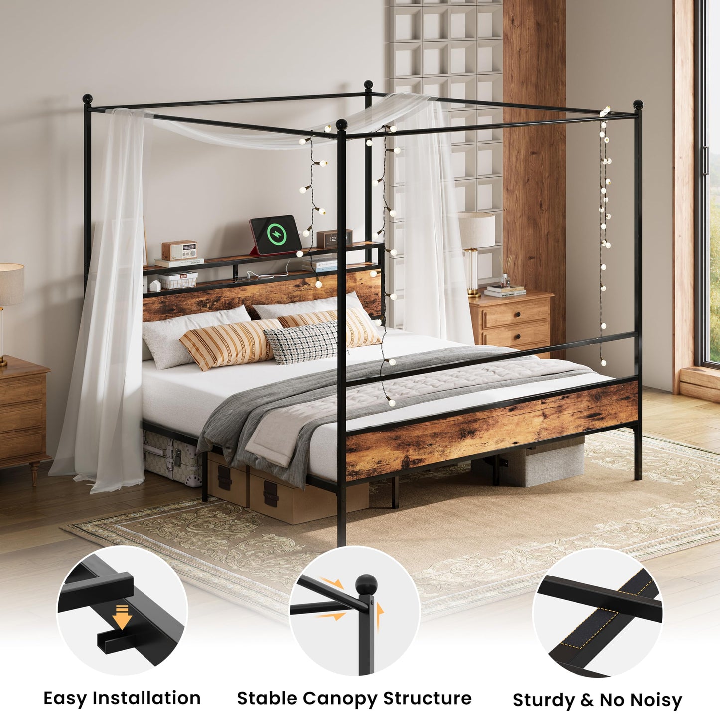 LIKIMIO Canopy Bed Frame King with Storage Headboard & Charging Station, Sturdy Metal Platform Bed with 4 Removable Posts, Dual Purpose Bed Frame, No Box Spring Needed, Noise Free