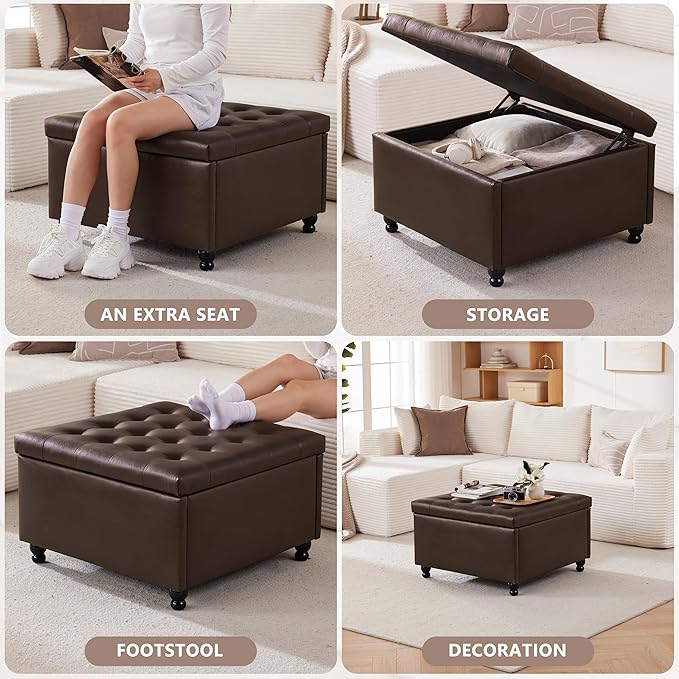 Weture 30 Inch Large Square Storage Ottoman Coffee Table, Oversized Square Ottoman with Storage, Tufted Upholstered Coffee Tables for Living Room (Leather, Brown)