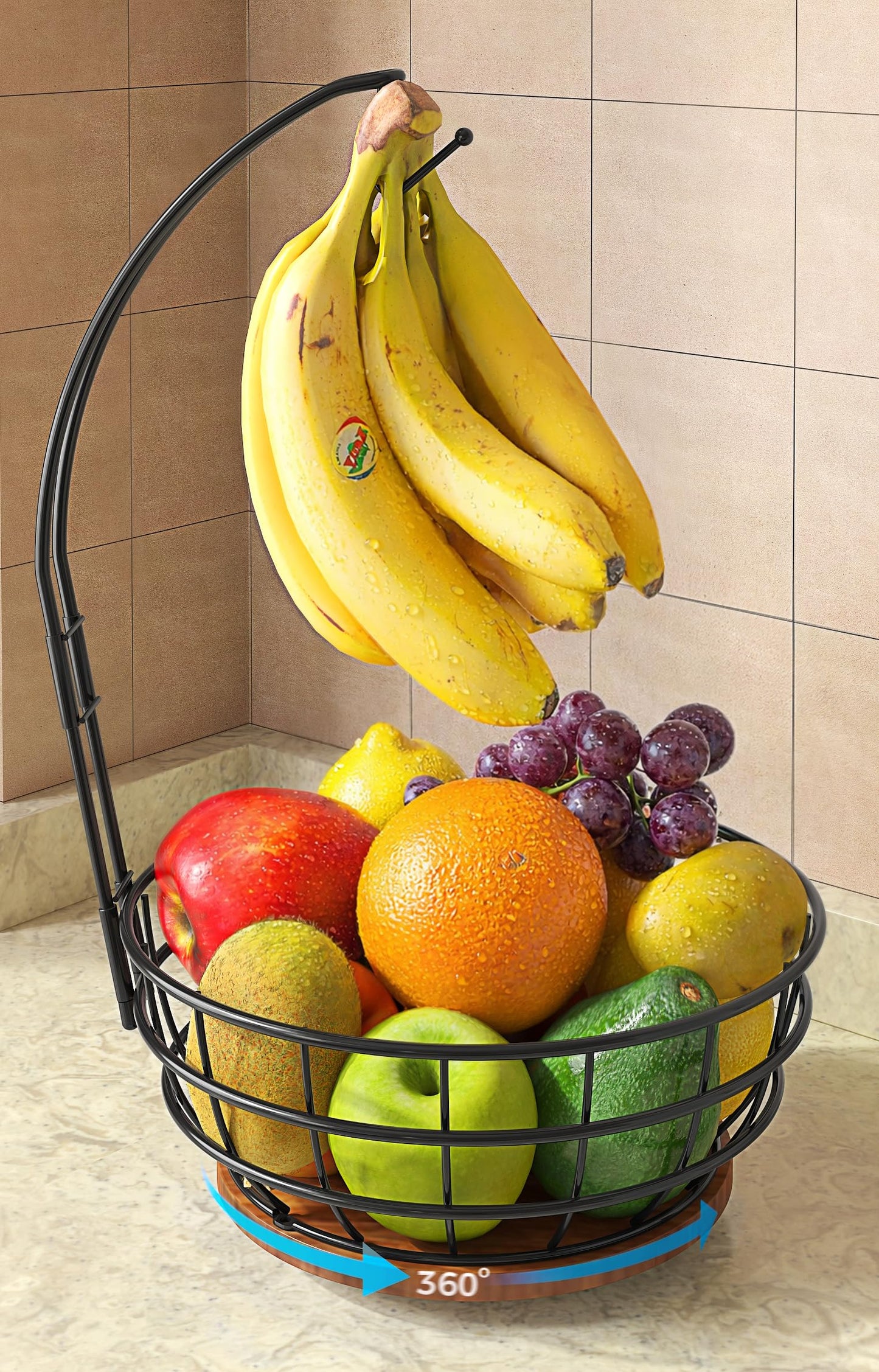 Sevenblue 360°Rotating Fruit Basket for Kitchen Counter with Upgraded Banana Hanger, 2026 Pro Metal Countertop Fruit and Vegetable Basket Bowl Storage with Wooden Non-Slip Base, Black