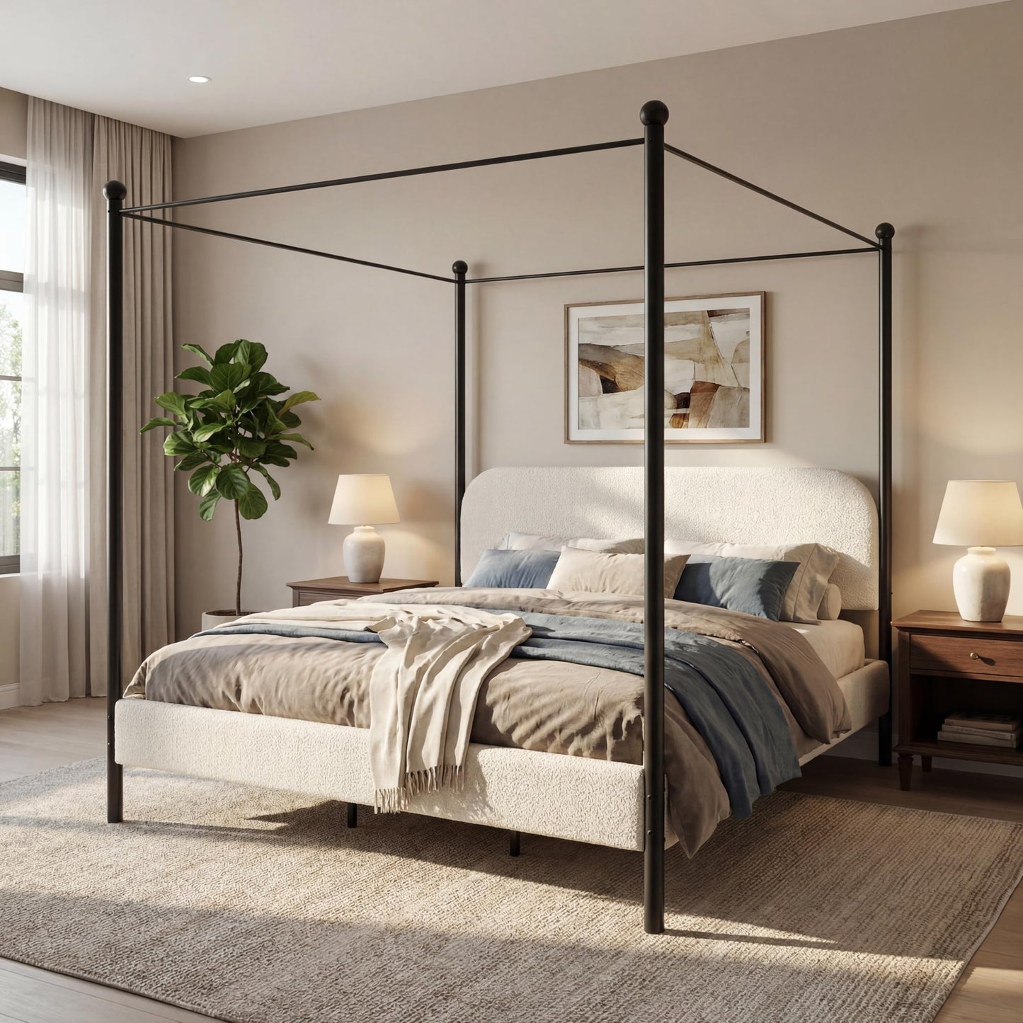 Christopher Knight Home King Size Upholstered Canopy Bed Frame with Boucle Fabric, Curved Headboard and Iron Legs, Modern Platform Bed Frame with Slats No Box Spring Needed, White