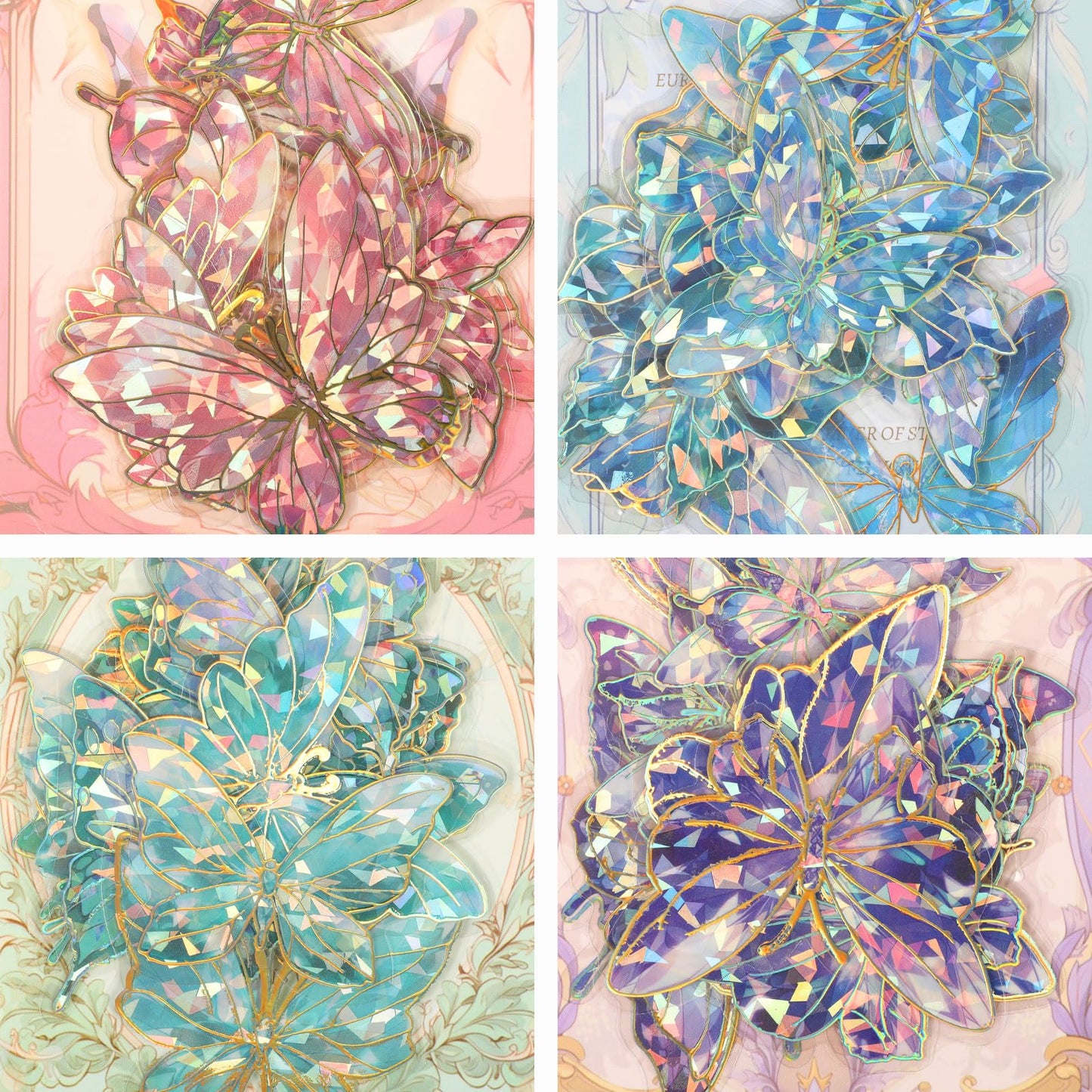 80pcs Holographic Glitter Butterfly Stickers Phone Butterfly Stickers Set, Blue Green Pink Purple Sparkly Crystals Clear Resin Waterproof Stickers Decals for Scrapbooking Journaling Water Bottles