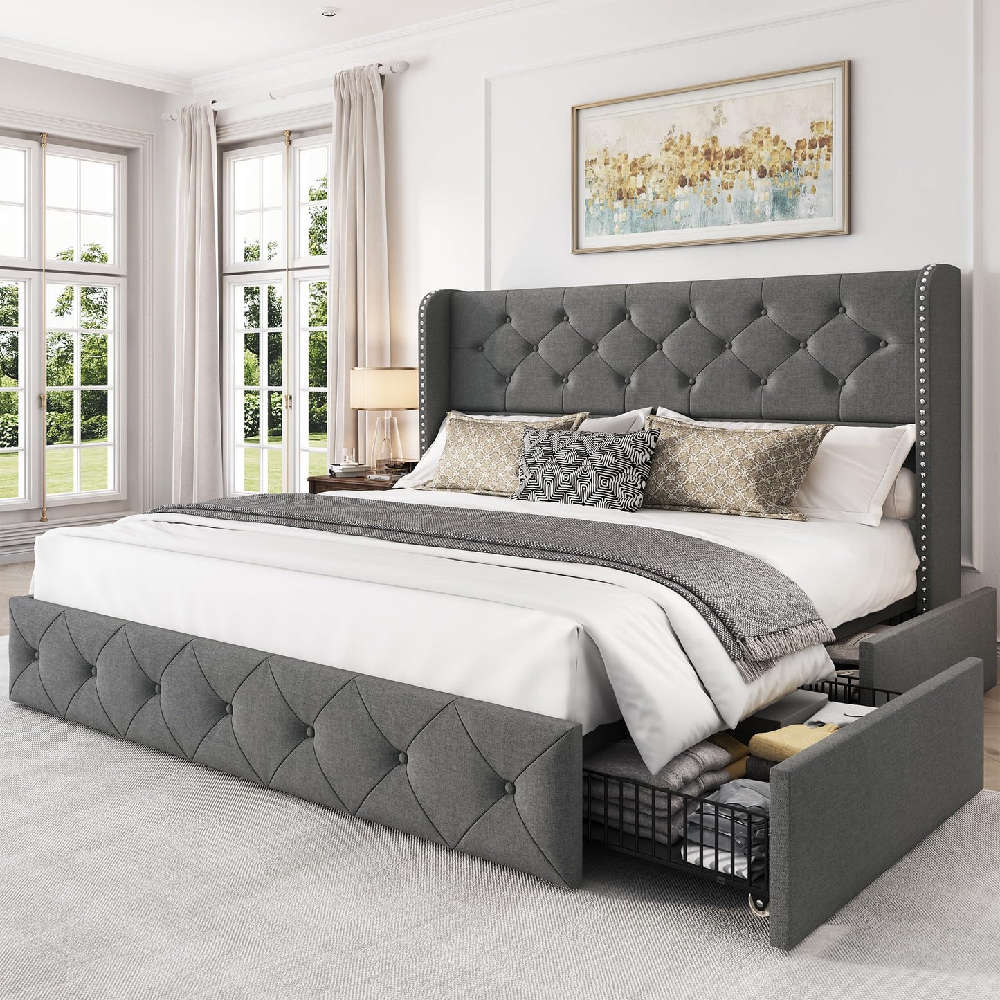 LARMACE Queen Size Platform Bed Frame with 4 Storage Drawers and 47.2" Tall Tufted Headboard Linen Upholstered Bed Wingback Bed Frame with Wooden Slats Support, Easy Assembly, Light Grey