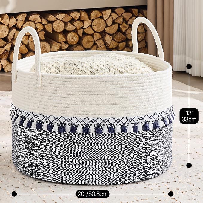 KAKAMAY Cotton Rope Storage Basket (20"x13"),Woven Hamper for Blankets,Toys,Pillows,Clothes,Laundry,Sturdy Handles Decorative Basket for Living Room, Bedroom,Nursery(Blue Printing)