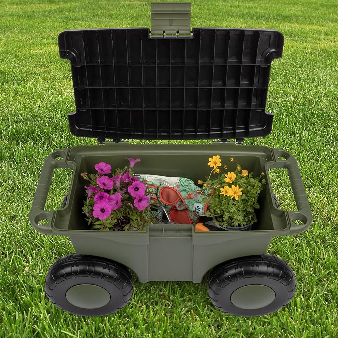 Pure Garden Rolling Garden Cart with Seat - Plastic Storage with Bench and Interior Tool Tray - Gardening Stool for Weeding and Planting (Green)