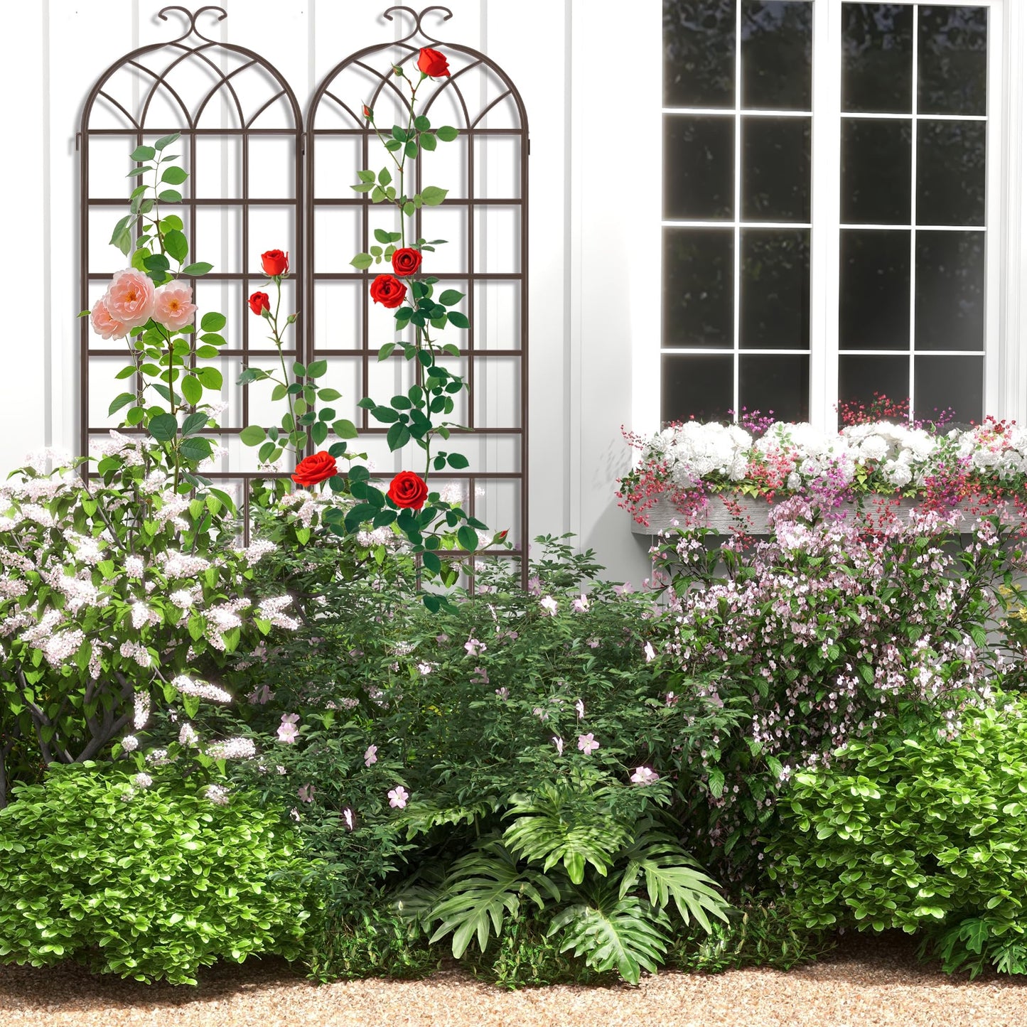 LZRS 2 Pack 83x20in Rustic Iron Arch Decoration Garden Trellis with Metal Coating – Perfect for Supporting Climbing Plants Outdoor, Roses, Vines, Flowers, and Vegetables, Brown