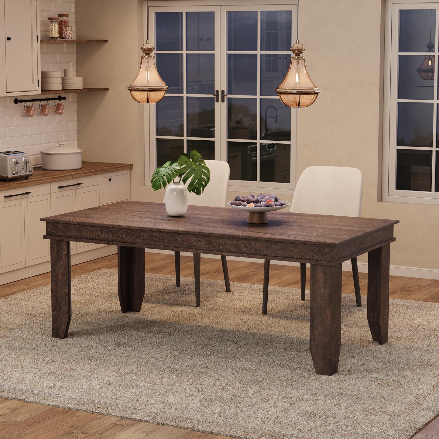 GarveeHome Farmhouse Dining Table for 6-8 People, 71 in Long Kitchen Tables with Wooden Sturdy Frame, 6 ft Large Rectangular Dinner Table for Dining Room, Kitchen, Dark Walnut, 71" Non-extendable
