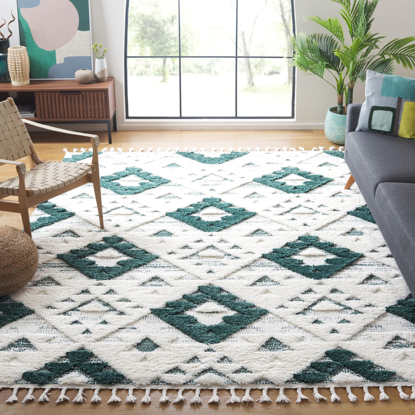 SAFAVIEH Area Rug 8x10 - Moroccan Tassel Shag Collection - Large - Green & Ivory, Non-Shedding & Easy to Clean, Plush High-Low Texture, Ideal for Living Room, Bedroom, Dining Space (MTS688Y)