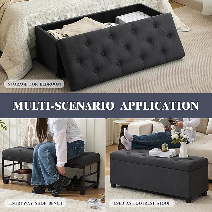 Mangodan 43 Inch Linen Storage Ottoman Bench, Foot Rest with Legs, End of Bed Bench, Storage Chest, Load up to 660 Lb, Ottoman with Storage Bench for Living Room, Bedroom, Entryway (Charcoal)