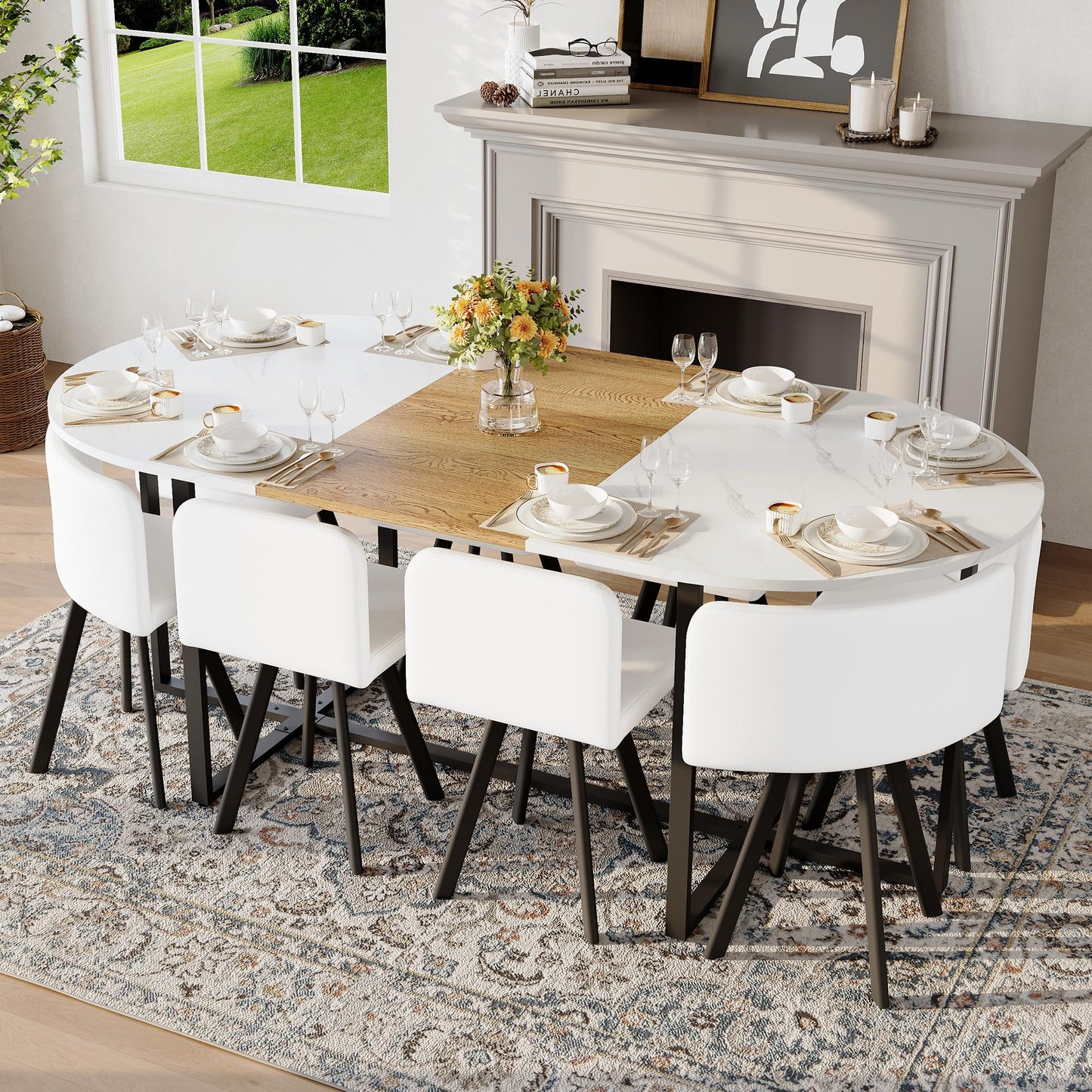 KEIKI 9-Piece Dining Table Set for 8, 78.7" Large Extendable Kitchen Table Set with 8 PU Leather Chairs, Modern Oval Wooden Table with Faux Marble Tabletop for Gatherings, Dining Room, Double White