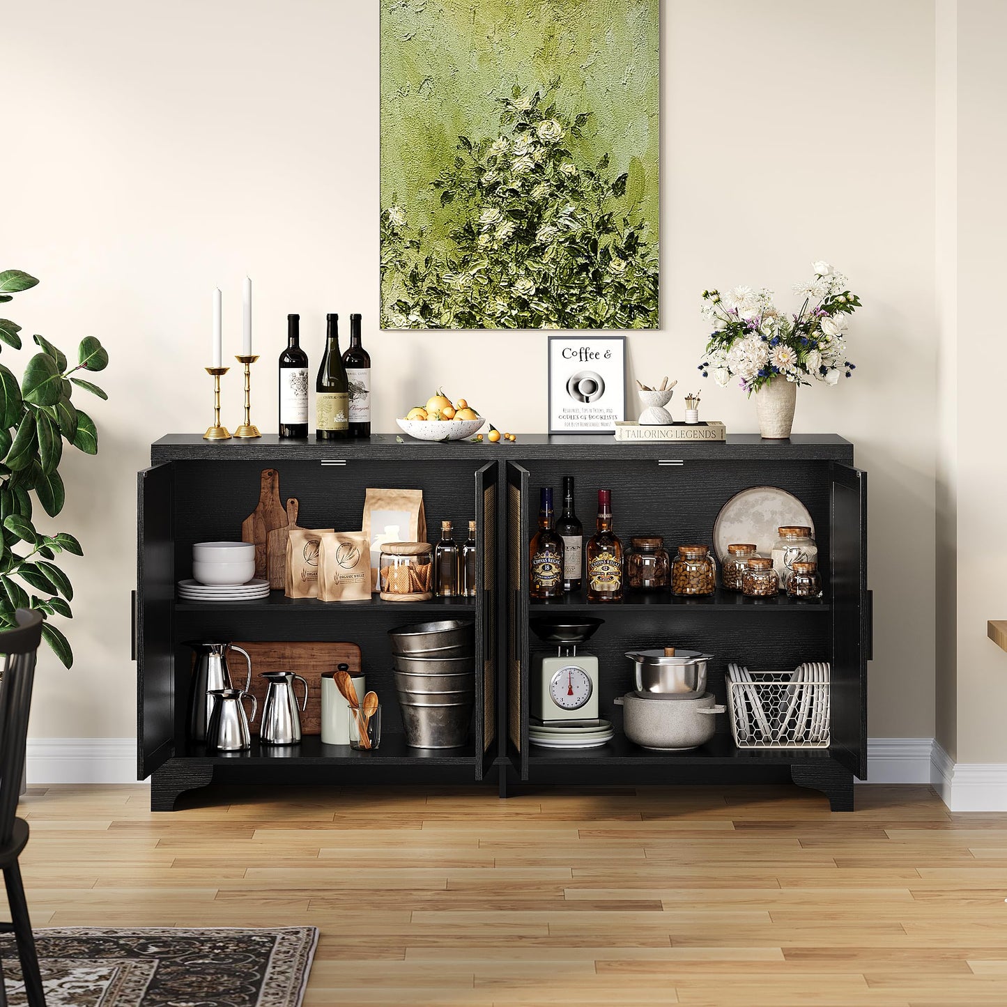 Farmhouse Large Sideboard Buffet with Natural Rattan Doors, 4-Door Storage Cabinet for Kitchen, Living Room, or Entryway, Spacious Storage Solution, Rustic Accent Cabinet for Home Organization