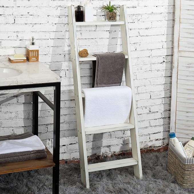 MyGift Large Whitewashed Wood Ladder Blanket Ladder, Farmhouse Style Wall Leaning Towel Rack with 5 Rungs (Vintage White)