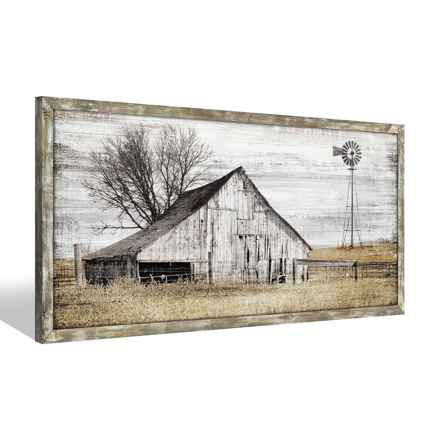 Barn Wall Art Decor Picture: Bedroom Framed Farmhouse Wooden Painting Rustic Horizontal Country Landscape Farm Windmill Print Long Panoramic Nature Scene Countryside Artwork for Living Room Bathroom