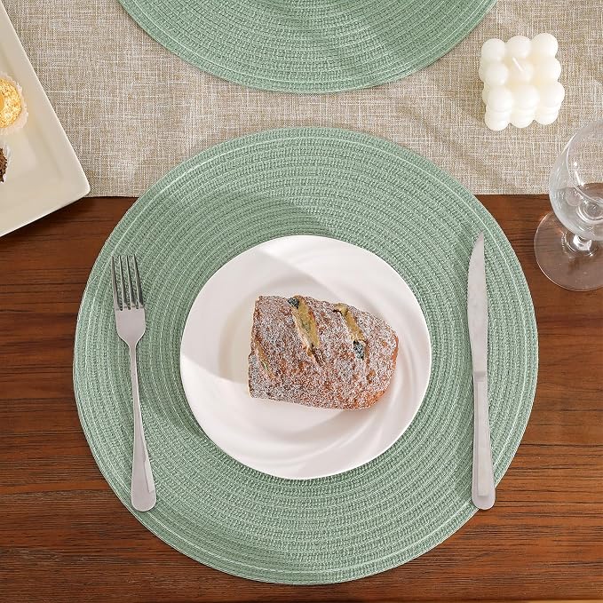 SHACOS Round Placemats Set of 8 Washable 15 inch Round Table Mats Cotton Polyester Woven Braided Place Mats for Dining Table Wedding Party Decor, Sage Green