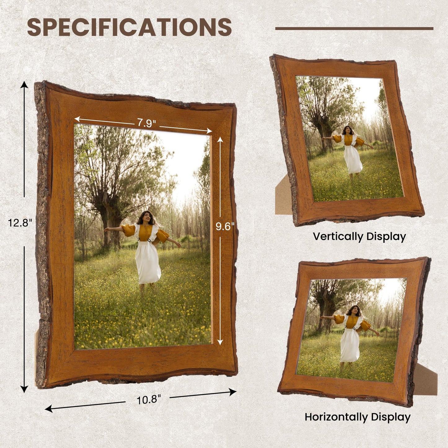 Axeman 8x10 Live Edge Picture Frame, Solid Rustic Handcrafted Wood Frame with Real Bark Edges & High Definition Glass Front, Farmhouse Decor for Tabletop or Wall Display