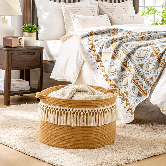 KAKAMAY Large Blanket Basket (20"x13"),Woven Baskets for storage Baby Laundry Hamper, Cotton Rope Blanket Basket for Living Room, Laundry, Nursery, Pillows, Baby Toy chest (Brown Fringe)