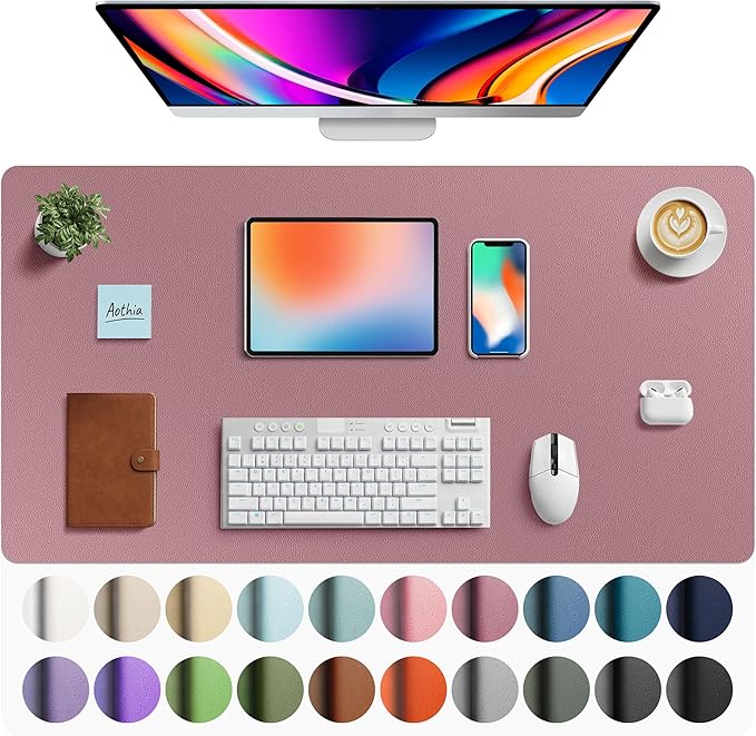 Aothia Faux Leather Desk Mat - Large Mouse Pad, Non-Slip PU Leather Blotter, Waterproof Writing Surface for Office and Home (Dark Pink, 40" x 24")