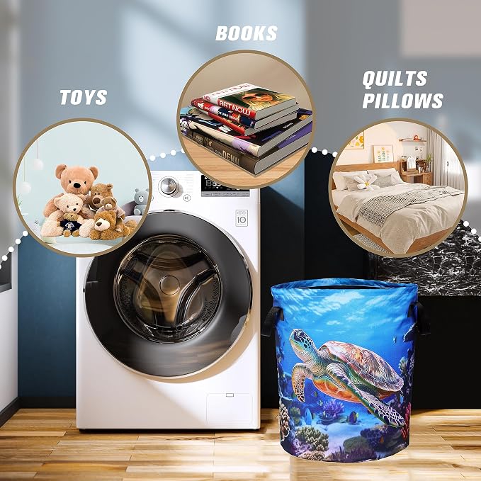 Sea Turtle Laundry Basket Animal Foldable Oxford Cloth Funny Tote Bag Laundry Hamper Clothes Storage Bucket Organizer For Bathroom/Laundry Storage/Bedroom 18.9x16.5 Inch