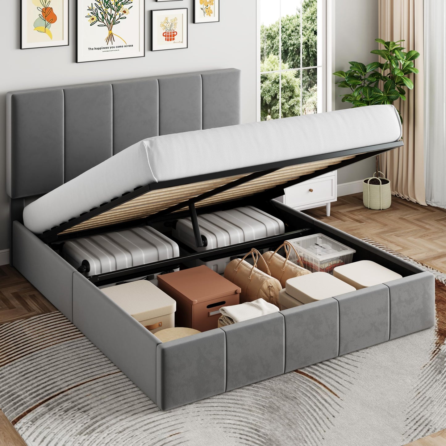 SHA CERLIN Queen Size Lift Up Storage Bed Frame, Adjustable Headboard, Hydraulic Support, Velvet Upholstered, Easy Installation, No Box Spring Needed, Gray