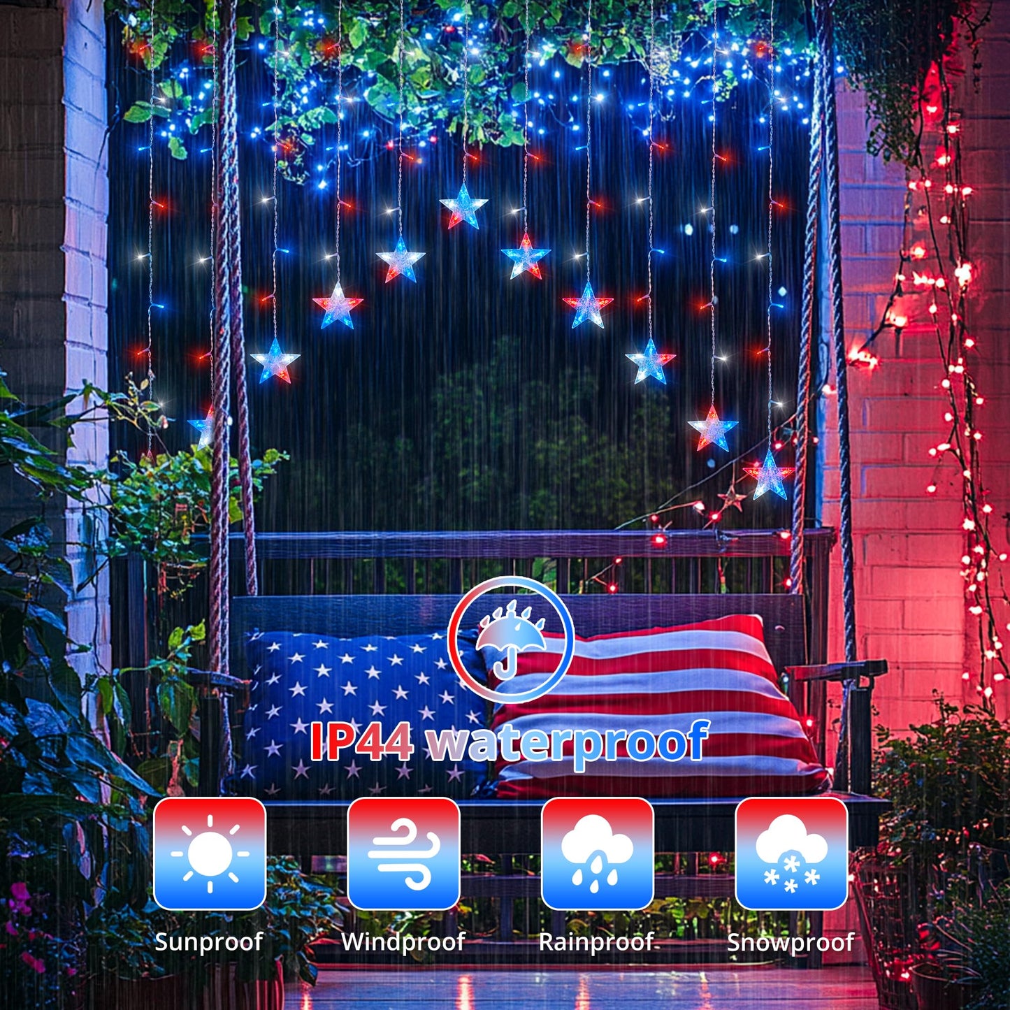 woohaha 4th of July Patriotic Star Icicle Lights,118LED Red White and Blue Curtain Window Lights,Connectable Star String Light Plug in for Independence Day,Garden,Fourth of July Decorations
