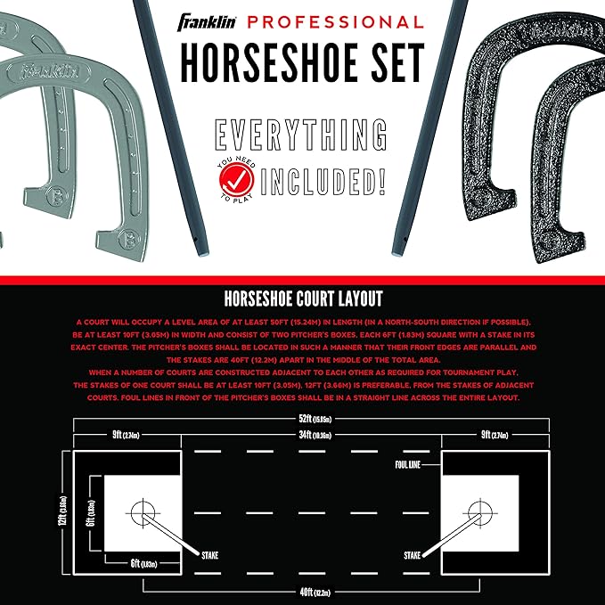Franklin Sports Horseshoes Sets - Metal Horseshoe Game Sets for Adults + Kids - Official Weight Steel Horseshoes - Beach + Lawn Horseshoes Sets - Sets Include (4) Horseshoes and (2) Ground Stakes