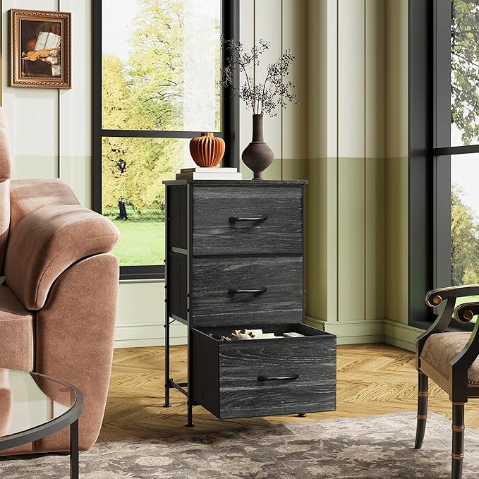 WLIVE Nightstand with 3 Drawers, Fabric Dresser, Organizer Unit, Storage Dresser for Bedroom, Hallway, Entryway, Closets, Steel Frame, Wood Top, Easy Pull Handle, Charcoal Black Wood Grain Print
