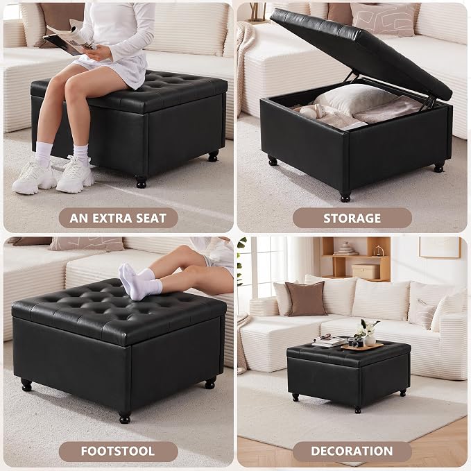 Weture Large Square Storage Ottoman Coffee Table, Oversized Square Ottoman with Storage, Tufted Upholstered Coffee Tables for Living Room (30 Inch,Leather, Black)