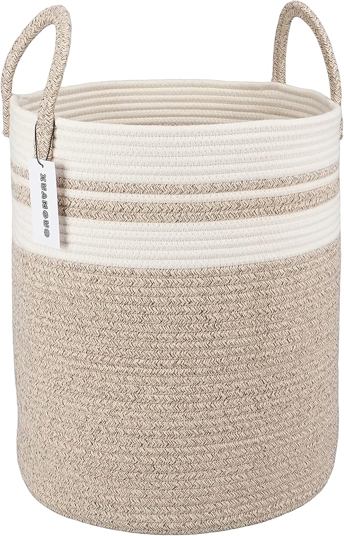 XUANGUO Cotton Rope Laundry Basket Hamper for Clothes Woven Storage Basket for Living Room Bedroom Boho Tall Rope Baskets for Blanket Toys Pillow Towels Baby Nursery Hamper Bin Large brown and white