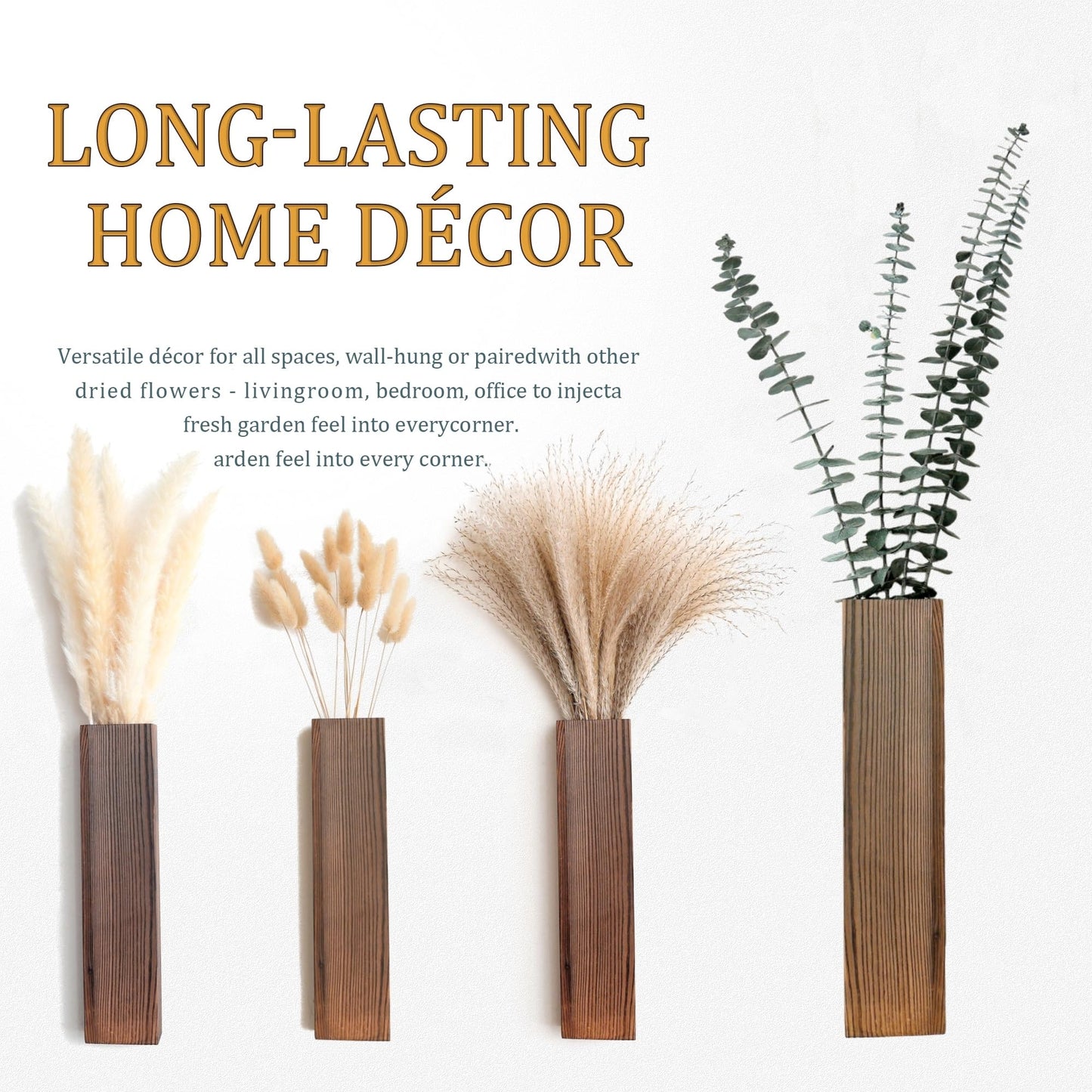 Wall Vase Set of 4 – Wooden Hanging Vases with Pampas Grass & Eucalyptus Dried Flowers – Modern Farmhouse Home Decor for Living Room, Entryway, Bathroom, Hallway & Dining Room