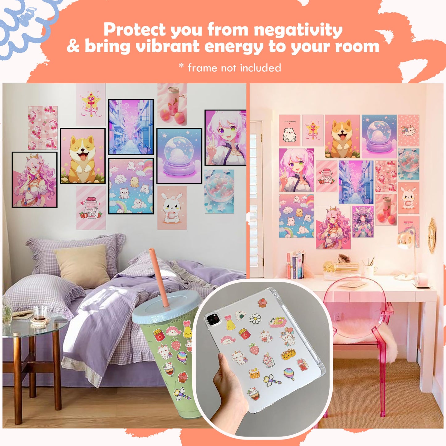 97 Decor Kawaii Wall Art Poster - Cute Anime Room Decor Aesthetic Collage for Bedroom, Dormitory, Kids Room (8x10 UNFRAMED)