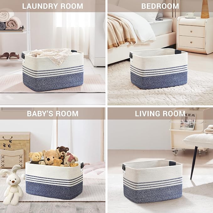 60L Large Laundry Basket with Leather Handles for Living Room Storage, Woven Rope Baskets Bin for Blanket, Kids Toy, Gifts, Wicker Hamper for Bedroom Dirty Clothes, 21"x15"x11" Denim Blue