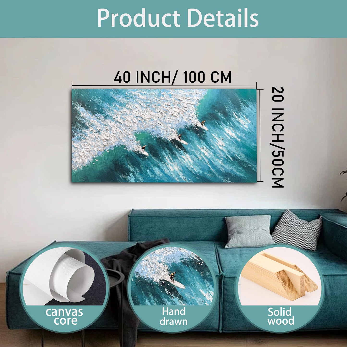 Large Beach Wall Art for Living Room 20"x40" Blue and White Hand Painted Surfing Ocean Wave Coastal Canvas Painting Seascape Artwork with Surfers Textured Art for Bedroom Office Ready to Hang