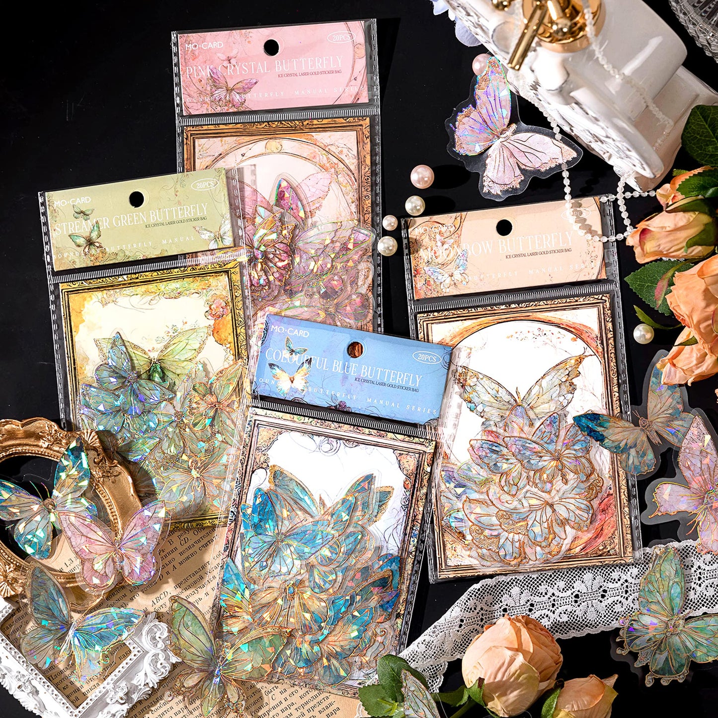 Aromoty Butterfly Stickers Set Ice Crystals Holographic Shiny Transparent Resin Waterproof Stickers Decals 80 Pieces with 4 Themes for Scrapbooking Supplies Junk Bullet Journals Daily Planner Laptop
