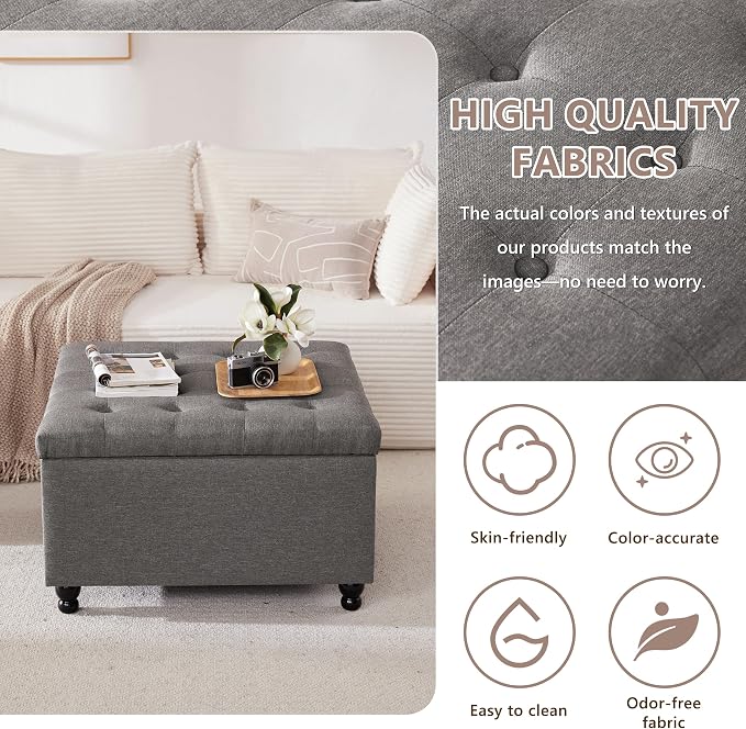 Weture 30 Inch Large Square Storage Ottoman Coffee Table, Oversized Square Ottoman with Storage, Tufted Upholstered Coffee Tables for Living Room (Fabric, Dark Grey)