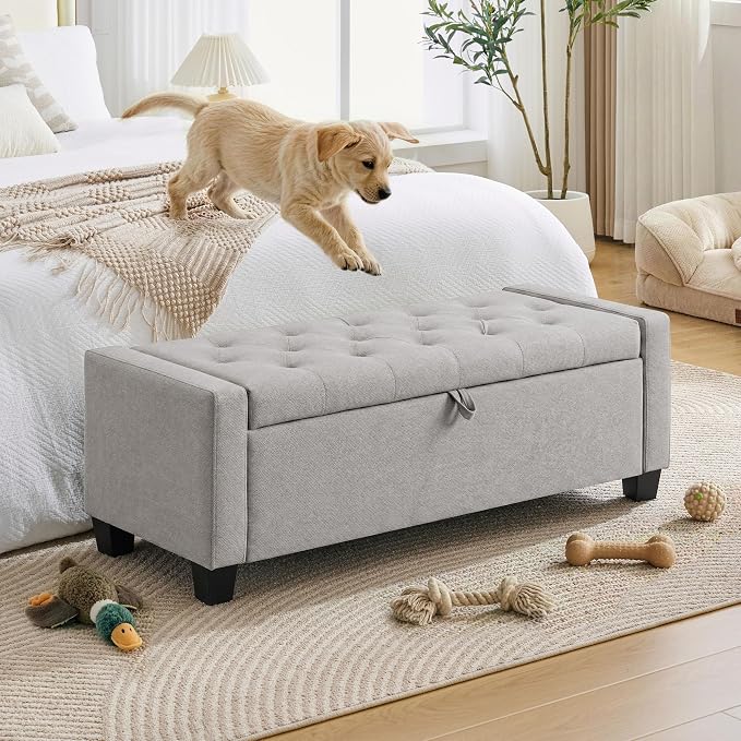 Huatean Home 43" Ottoman with Storage, Storage Ottoman Bench with Safety Hinge, Upholstered Entryway Bench with Seating for Bedroom, Living Room, Holds up to 330 lb(Light Gray)
