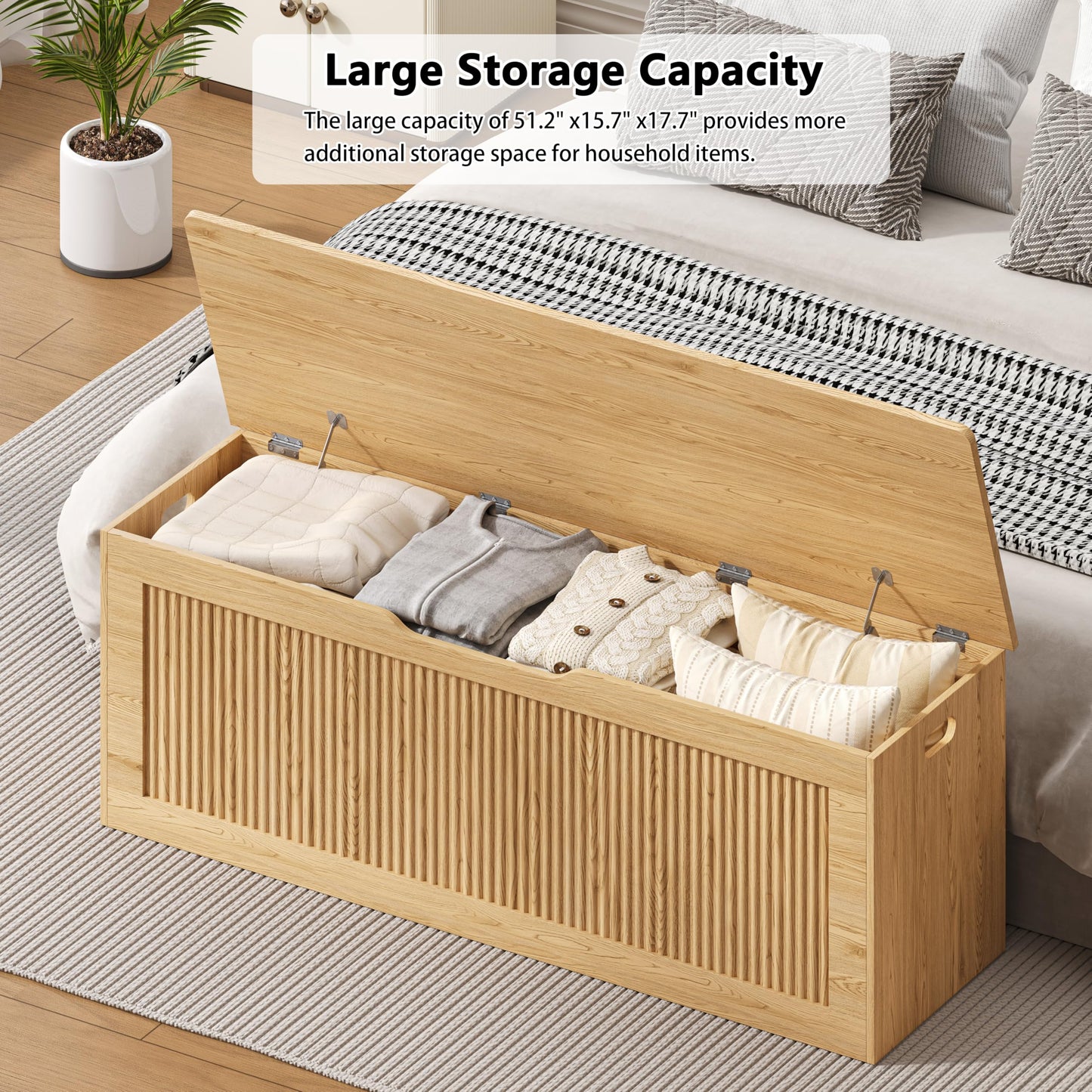 Akxomel Extra Large Fluted Storage Chest, 51.2" Storage Bench with 2 Safety Hinges, Shoe Bench, Wooden Box Bench, Long Storage Trunk with Lift Top, for Bedroom, Living Room, Entryway, Natural Oak