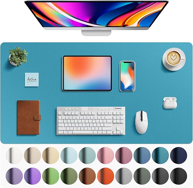 Aothia Faux Leather Desk Mat - Large Mouse Pad, Non-Slip PU Leather Blotter, Waterproof Writing Surface for Office and Home (Turquoise, 40" x 24")