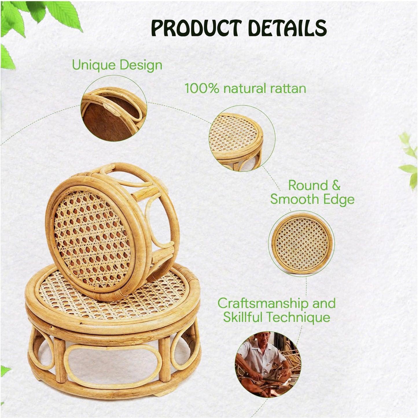 KUTORKILL Set of 2 Large Rattan Wicker Round Risers Decorative Indoor Plant Stand, Mid Century Minimalist Modern Plant Stands, Boho Short Plant Stand Holder Suitable Fits 8'' and 12'' Pots